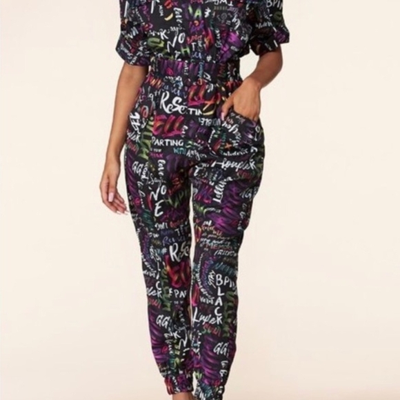 L'ATISTE Pants - L'atiste Colorful Graffiti Print Full Length Belted Mechanic Style Jumpsuit